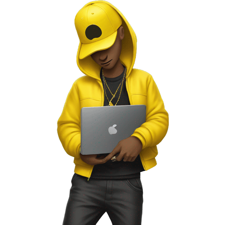 rapper wearing yellow with a mackbook emoji