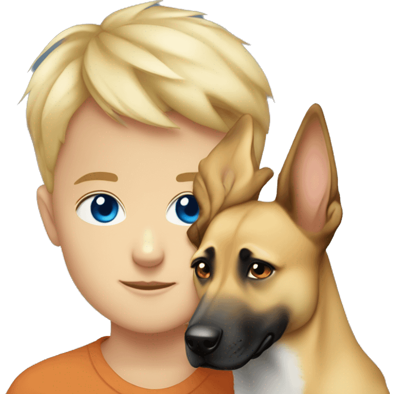 blond boy with blue eyes cute  cuddling a malinois emoji