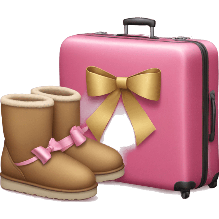 Rosa suitcase with a uggs at it. The Uggs having a bow on them  emoji