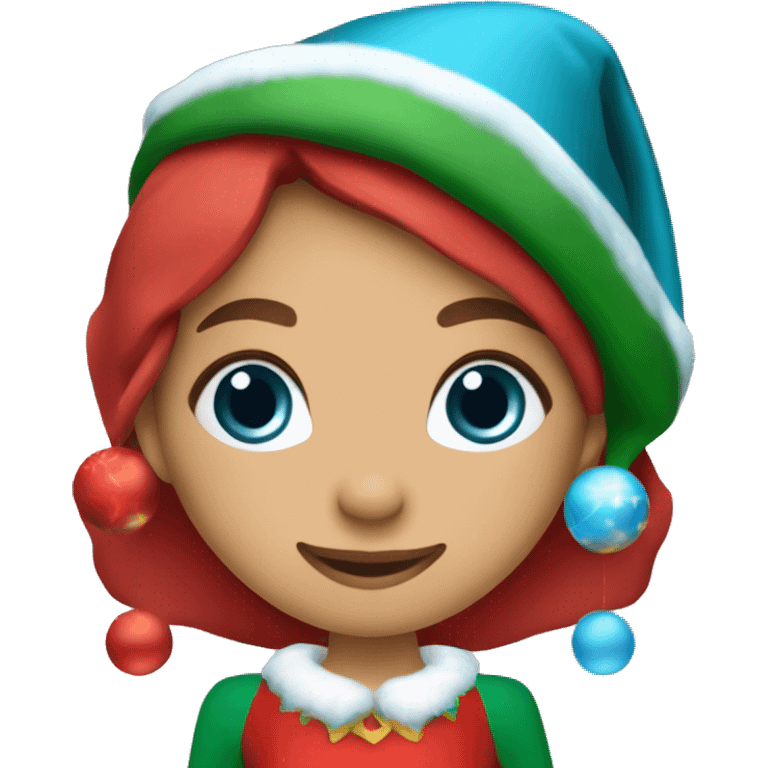 Make a Christmas elf wearing a red dress with a nice golden pattern, a nice hat and Christmas earring. The elf is a teenage girl and should have dark brown long hair and ocean blue eyes, with a big nice smile on her face  emoji