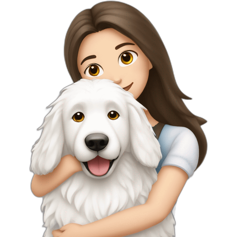 A brunette girl is hugging a all white Polish Tatra Sheepdog. emoji