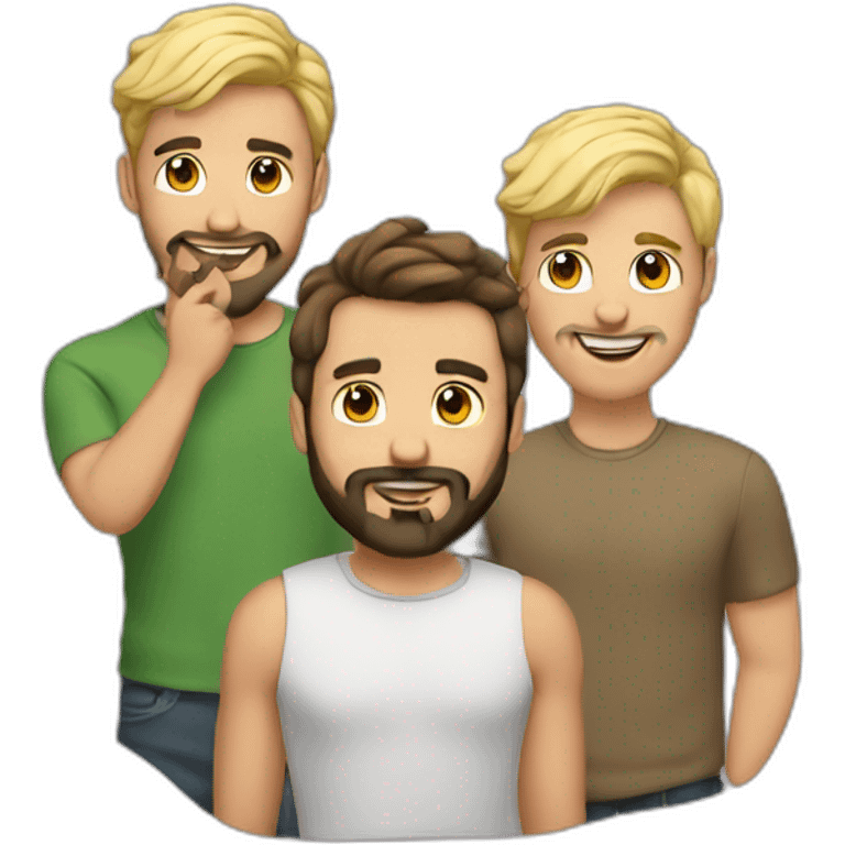 Gay male couple one of them Latino with beard male and the other guy an Australian blonde hair , with a cat in the middle emoji