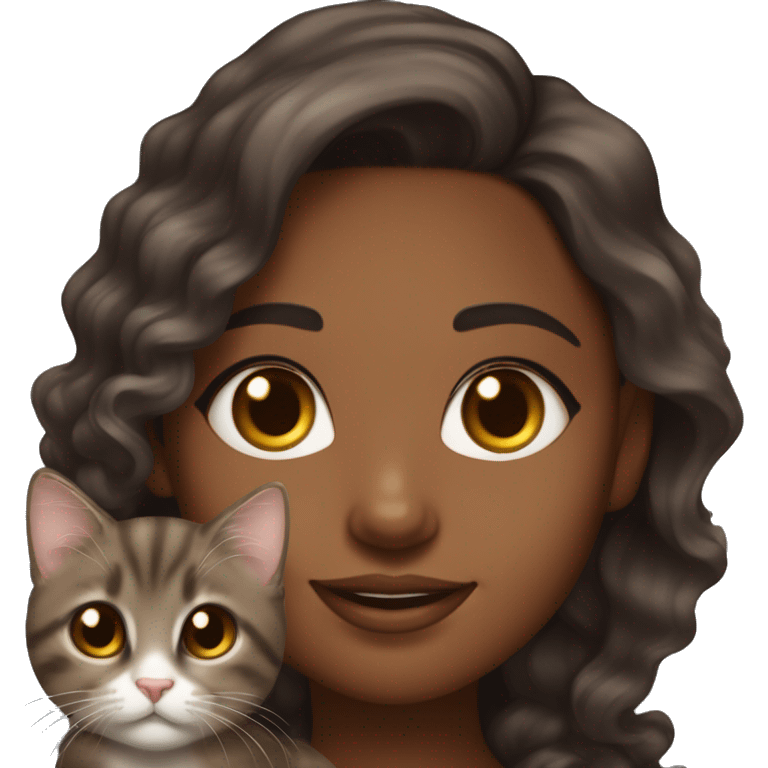 pretty brown skinned girl with long brown wavy hair long eyelashes and a chin dimple holding a dark gray kitten  emoji