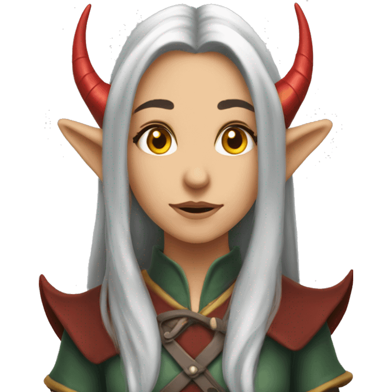 A young female elf with long gray hair, yellow eyes and red dragon horns emoji