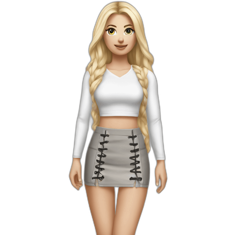 hyperrealistic caucasian female, long straight blonde hair, white lace up crop top and grey tight mini skirt emoji