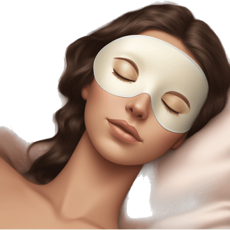 pretty brunette girl sleeping with cream coloured satin eyemask soft textures and ethereal glow emoji