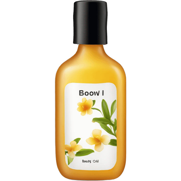 bottle of body oil with label emoji