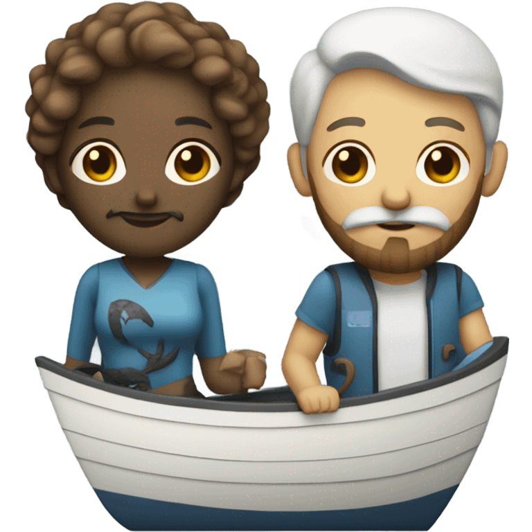 An Aquarius sign female with a cancer sign male with a beard  in a boat emoji