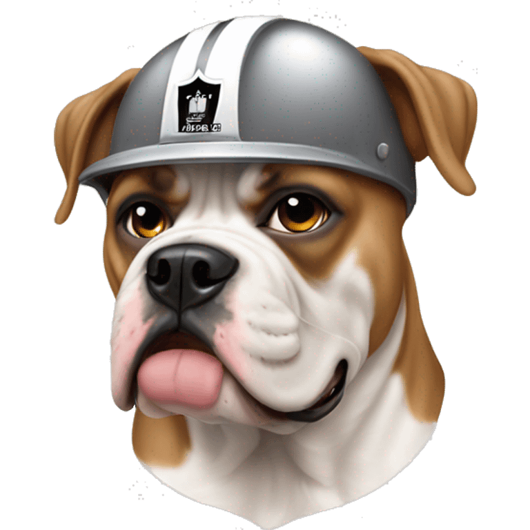 Tan American bulldog cropped ears wearing a raiders helmet emoji