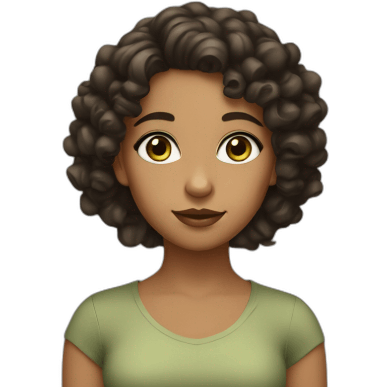 Tan girl with dark curls and sage greeb eyes emoji