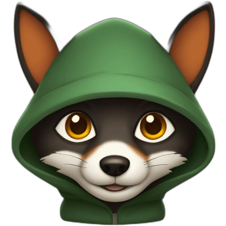 small dark brown fox with orange eyes and a dark green hood that smile emoji