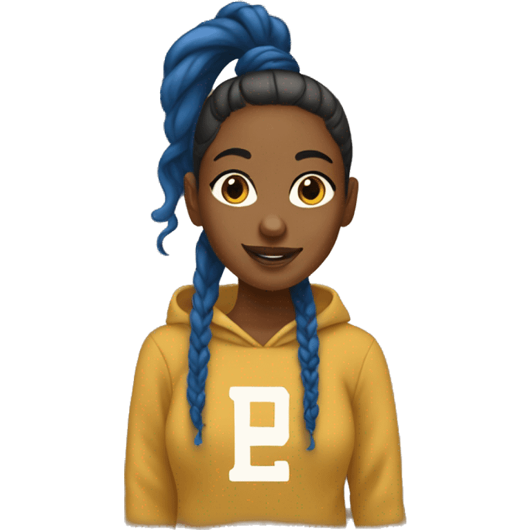 College sweatshirt in gold and blue on a brown girl with a ponytail emoji