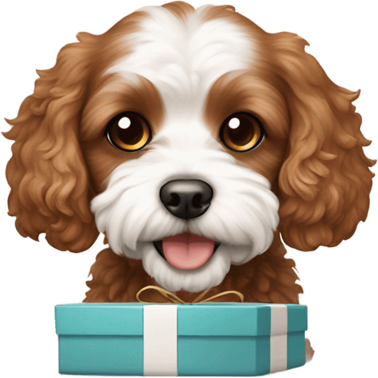 Brown and white cavapoo and gift box emoji