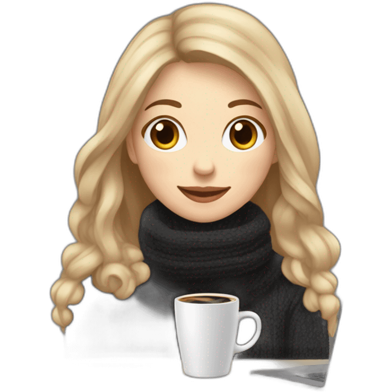 eyes closed smiling woman with pale skin brown long straight hair peeking from behind a laptop holding a large coffee mug wearing a black woolly shirt and a black woolly scarf emoji