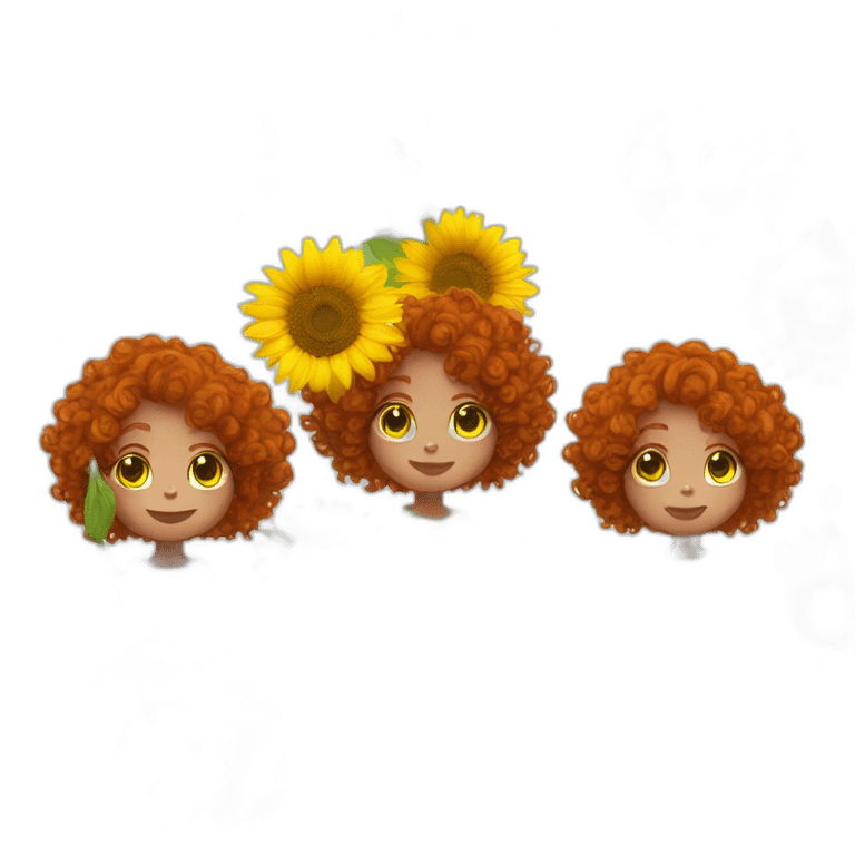 red-haired curly girl with white skin and green eyes with a sunflower in her hands emoji