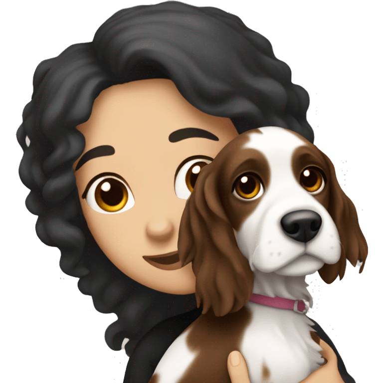 A white woman that has long black hair and phony brown eyes, hugging a white and brown springer spaniel dog  emoji