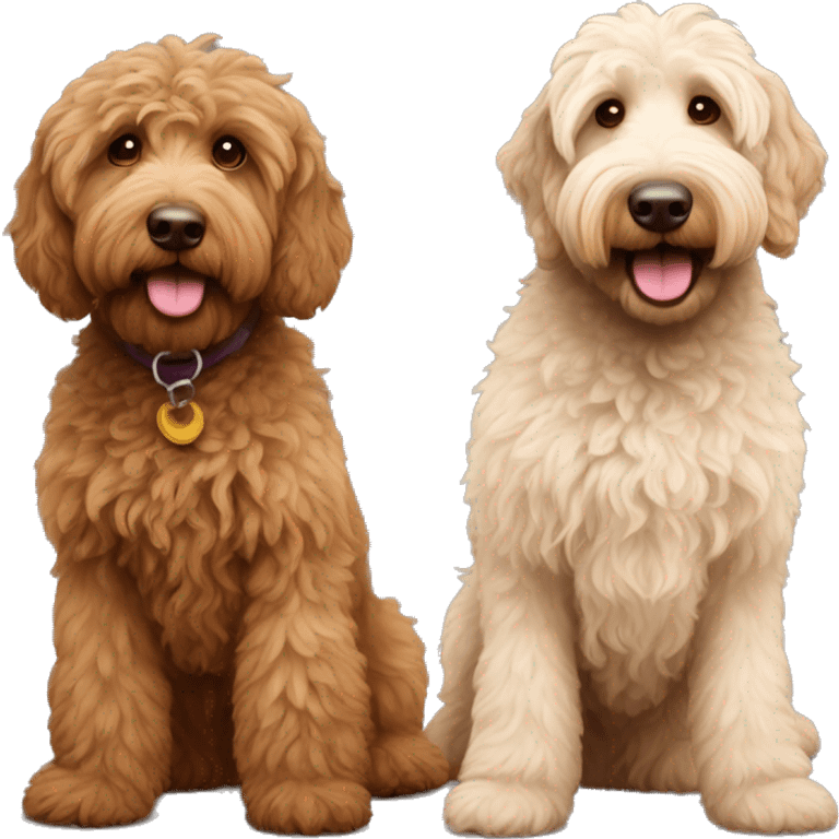 1 tan color and 1 brown color labradoodles standing next to each other  emoji