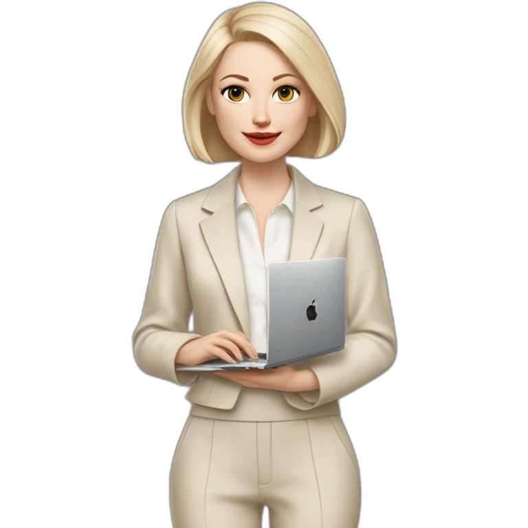 pale skin woman with ash blonde Straightened bob Hair, White Spacious classical jacket, beige palazzo Arrow pants and gray blouse holding a MacBook in the hands emoji