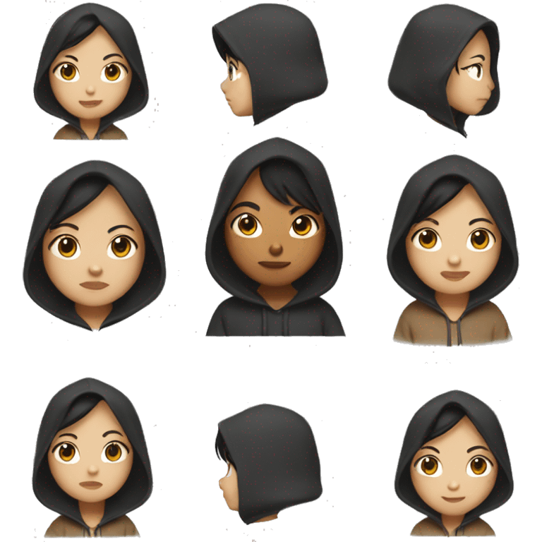 asian girl with black hair and side bangs wearing light brown hoodie with black hood emoji