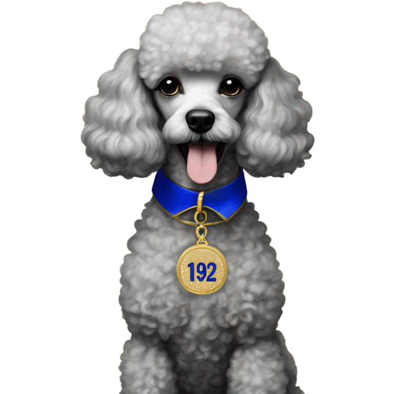 poodle with royal blue and gold collar and pendant that reads 1922 emoji