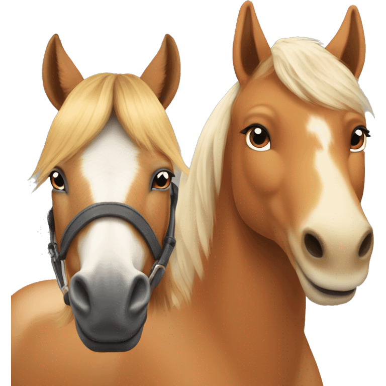 A haflinger horse and a fox colored shetland with a dot on his forehead emoji