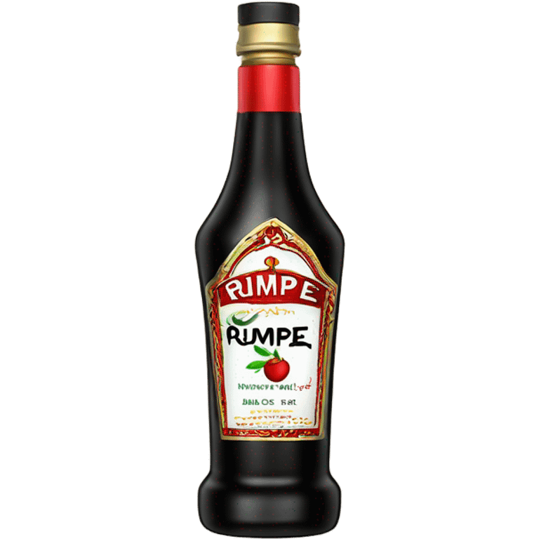 Tall clear alcohol bottle of “Rumple Minze” alcohol with black and red label emoji