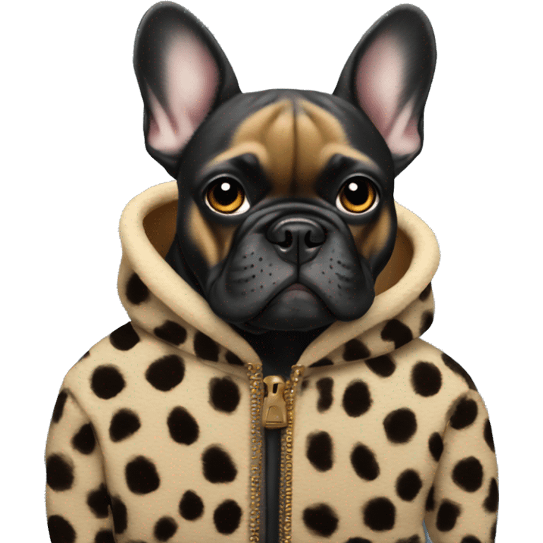 Black French bulldog wearing a cheetah coat emoji