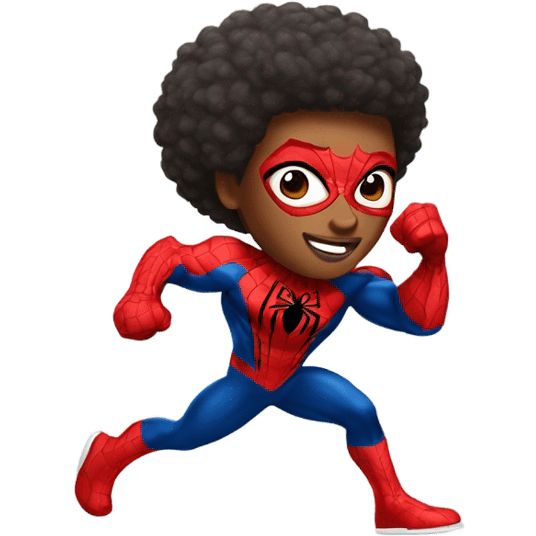 Muscular light light-skinned afro teen as Spiderman superhero running. emoji