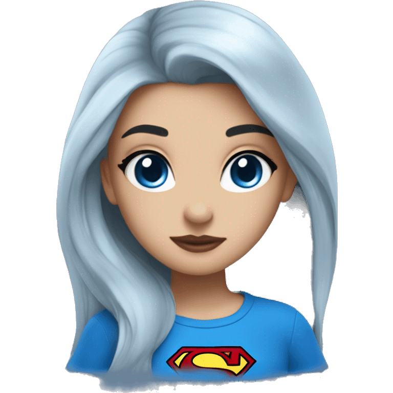 girl with black long hair and blue eyes dressed in blue tshirt with superman logo emoji