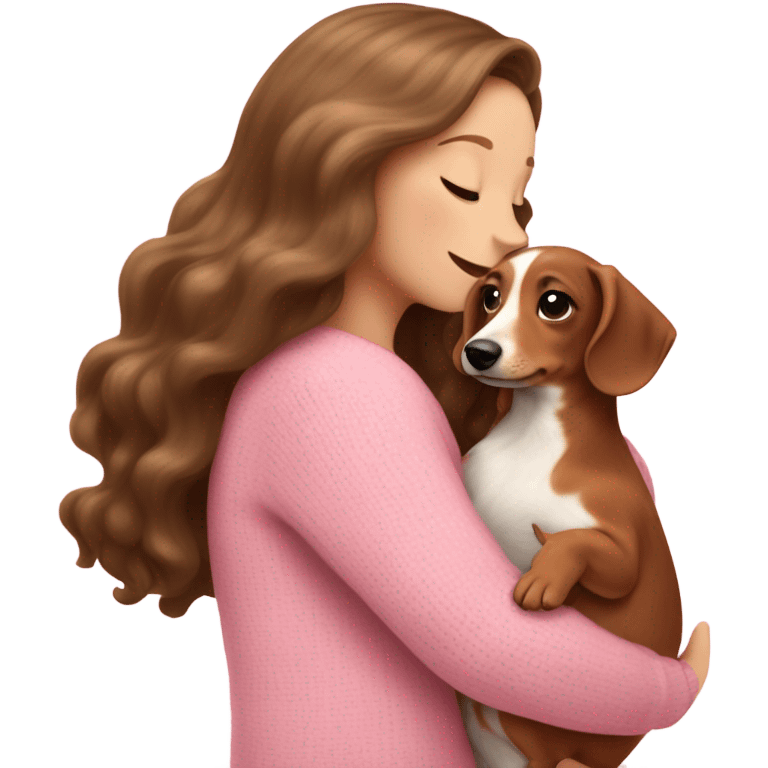 Brunette white girl with long wavy hair in a pink sweater holds a brown and cream dachshund long-haired puppy in her arms emoji