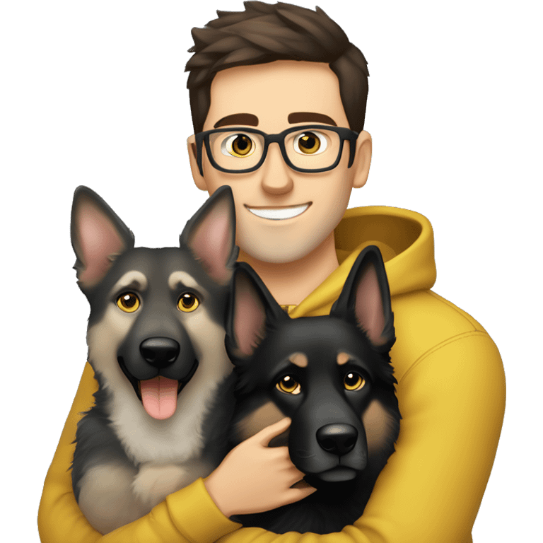 a handsome guy (dark brown hair, light blue colour eyes, thin stylish black glasses, hoodie) hugging a dog (grey colour german shepherd, yellow/brown eyes) emoji