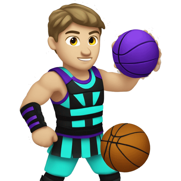 Caucasian youth gladiator playing basketball wearing purple black and aqua emoji