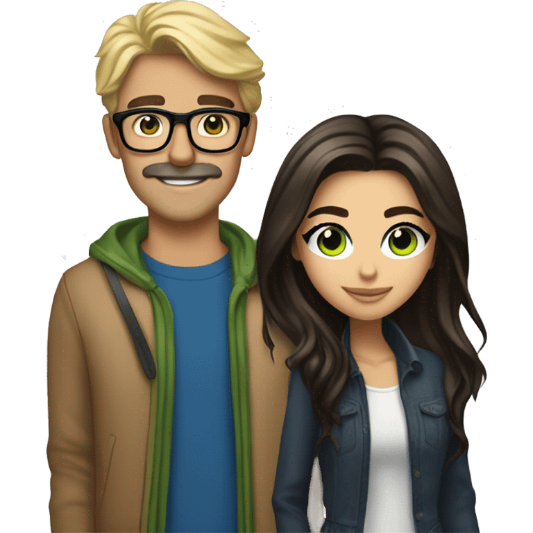 (brunette brown eyed madison beer) standing next to (handsome blonde man, mustache, blue/green eyes, brown glasses) emoji