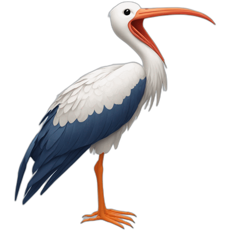  white stork with long legs and a long beak flying in the sky. The stork is carrying a blue bundle of cloth in its beak that has a cute baby face peeking out from it emoji