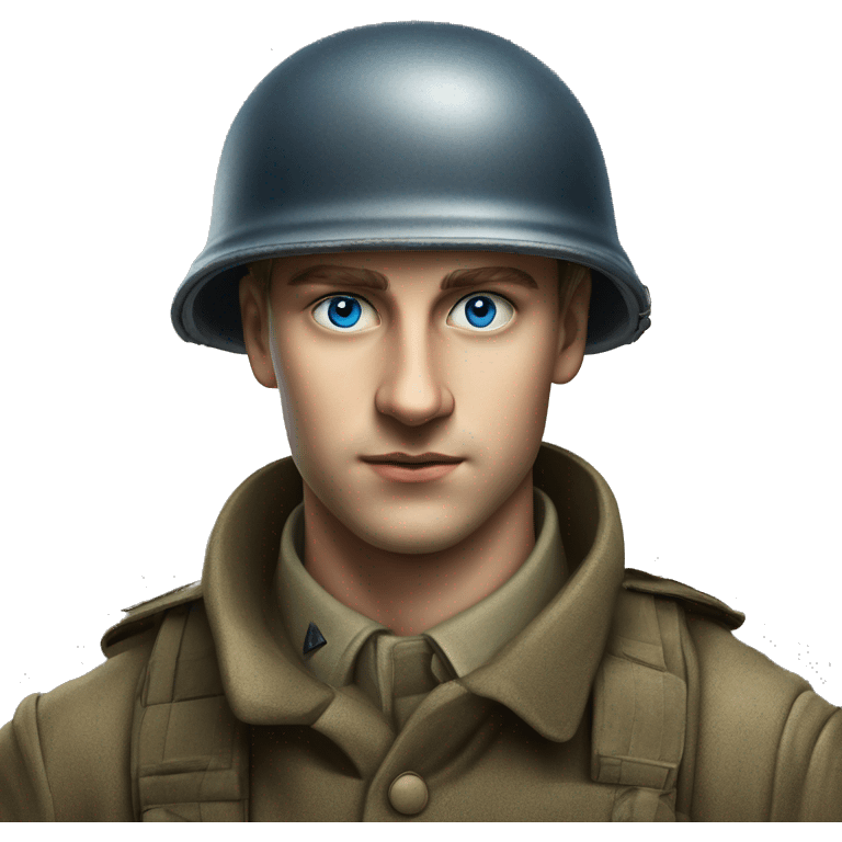 blue eyed  guy 28 years old german soldier in helmet 1940 photorealistic serious emoji