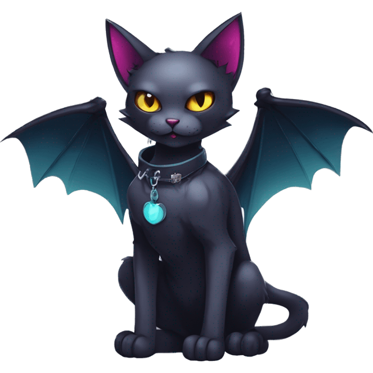  cool edgy kawaii ethereal dark-punk-themed animal vampiric cat-hybrid Fakemon with fangs and bat-wing-ears with a collar full body emoji