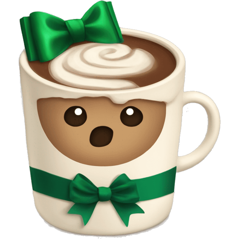 A beige cup of hot chocolate with a deep green bow around the cut  emoji