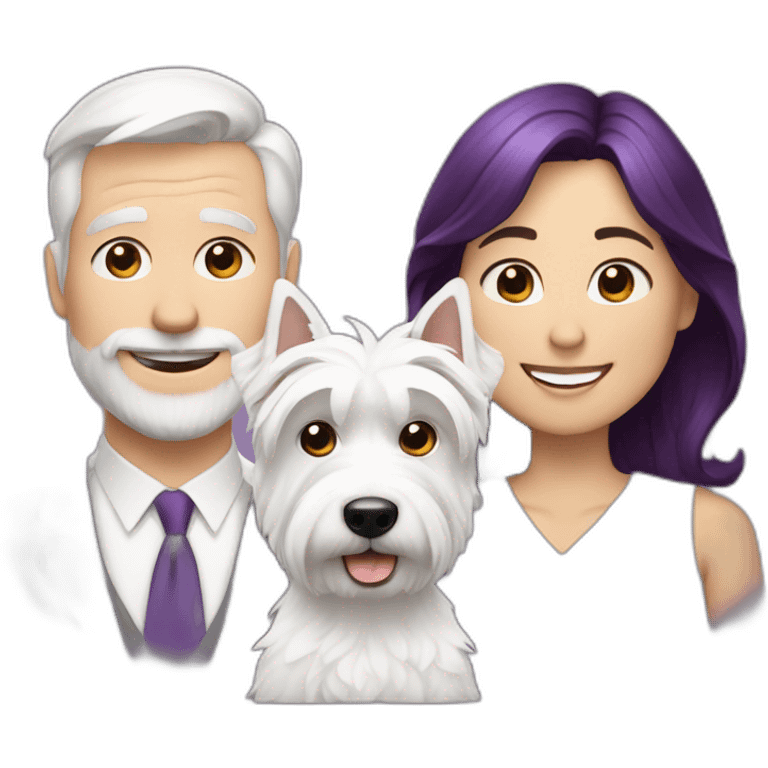 a family consisting of 1 white man with dark brown hair, 1 white woman with purple hair and 1 happy west highland white terrier emoji