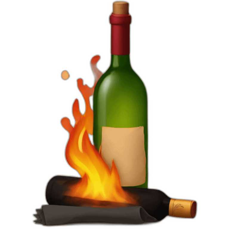 a bottle of wine with a rag on top on fire emoji