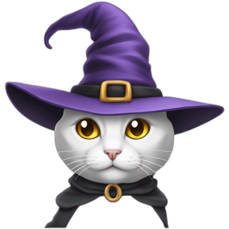 white and grey cat wearing a witch hat emoji