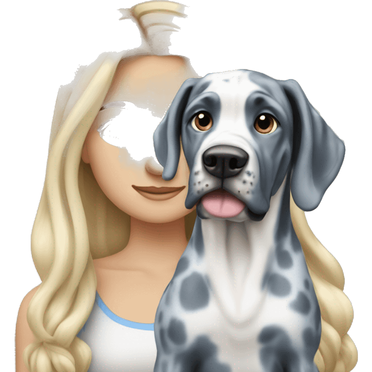 Blonde girl with blue eyes and long hair with a blue merle great dane dog emoji