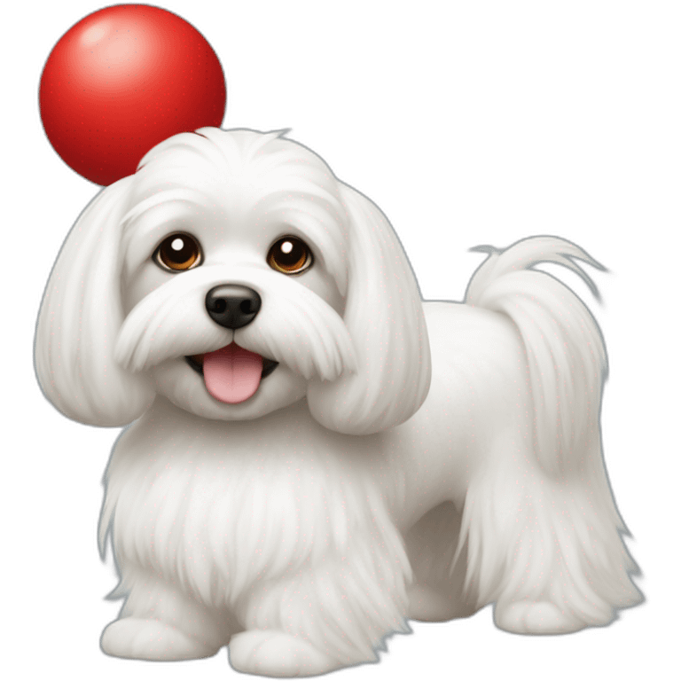 Maltese with two pony hairs tied by two red balls emoji