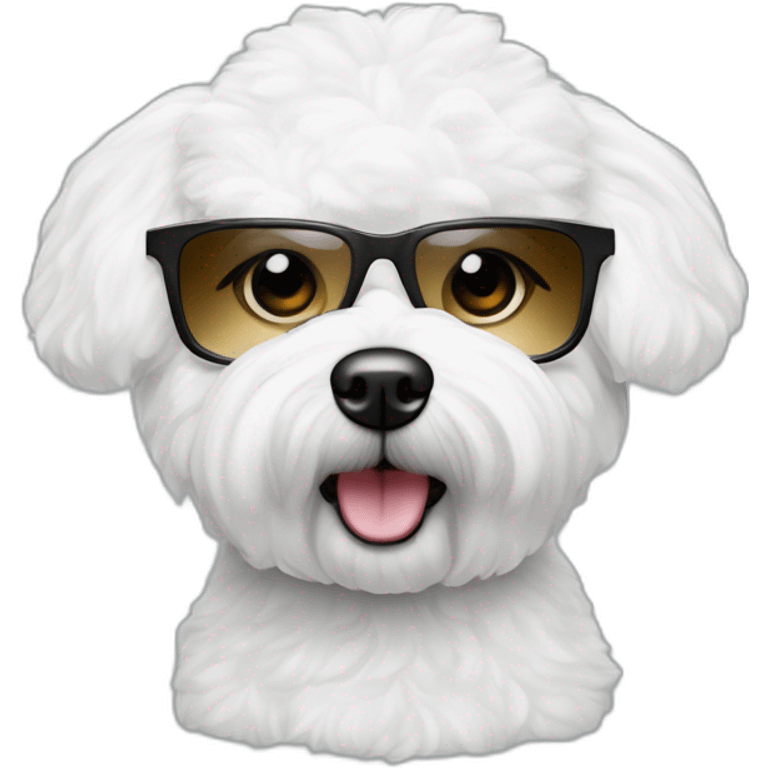 perro bichon maltés blanco y mujer piel blanca cabello largo y gafas emoji