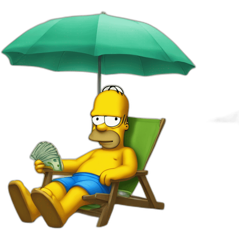 homero simpson en la playa con sombrilla y dinero emoji