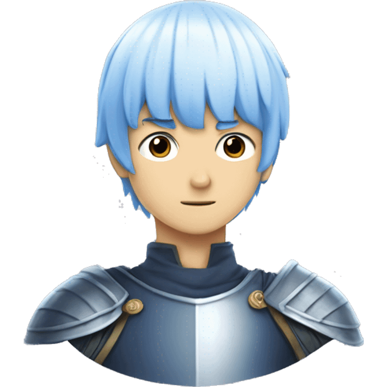 Himmel from the anime Frieren. He has blue bowl cut hair. He's white. He's a knight. He has elongated eyes. He has blue eyes. His skin is white. emoji