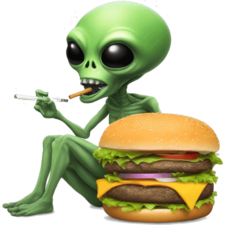 alien smoking a cigarette sitting on a burger emoji