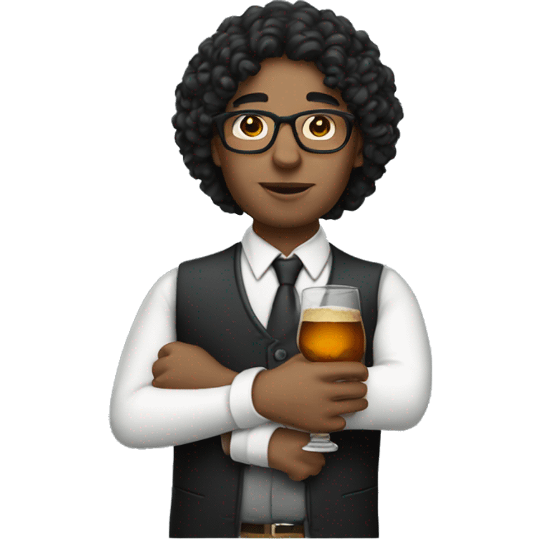 A white teacher with black curly hair drinking whiskey from the bottle emoji