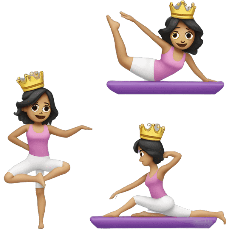 Woman doing Pilates in weird position, with a princess crown and dark hair emoji