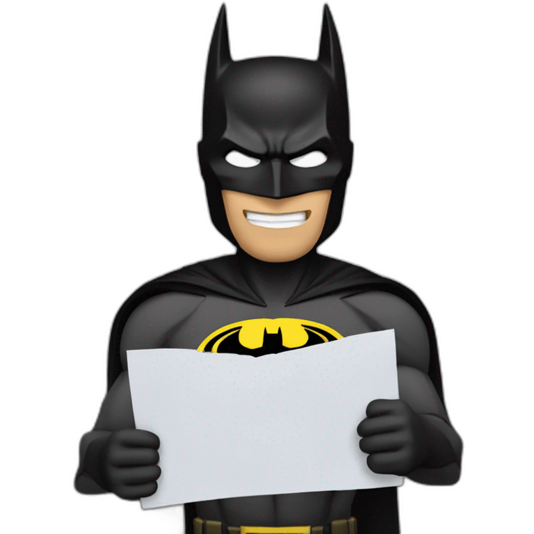 The image depicts a cartoon character dressed as Batman, holding a blank piece of paper. The background is black. emoji