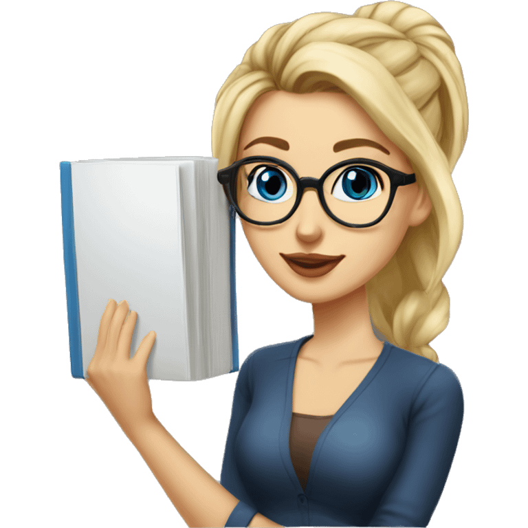 Sexy Woman librarian blonde hair bun brown glasses blue eyes with a book emoji